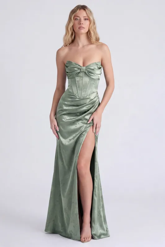 Strapless Sage Floral Corset Mermaid Ruched Long Bridesmaid Dress with Slit made by Zapaka