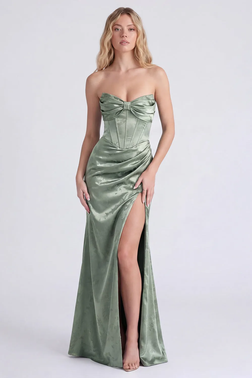 Strapless Sage Floral Corset Mermaid Ruched Long Bridesmaid Dress with Slit sold by Zapaka