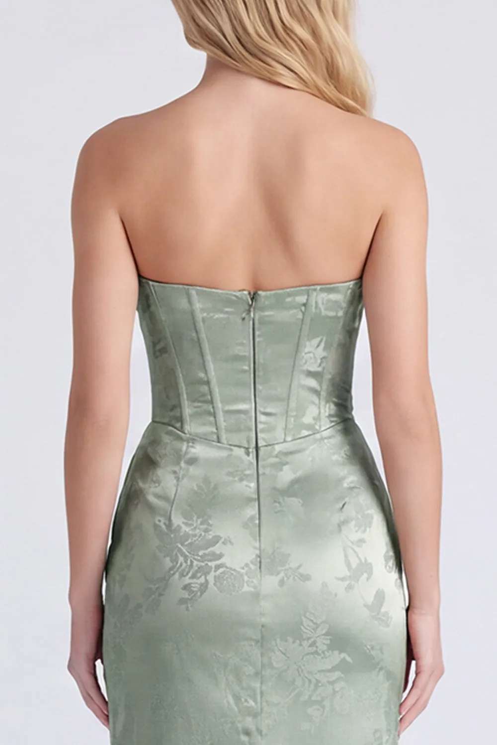 Strapless Sage Floral Corset Mermaid Ruched Long Bridesmaid Dress with Slit sold by Zapaka product image thumbnail 5