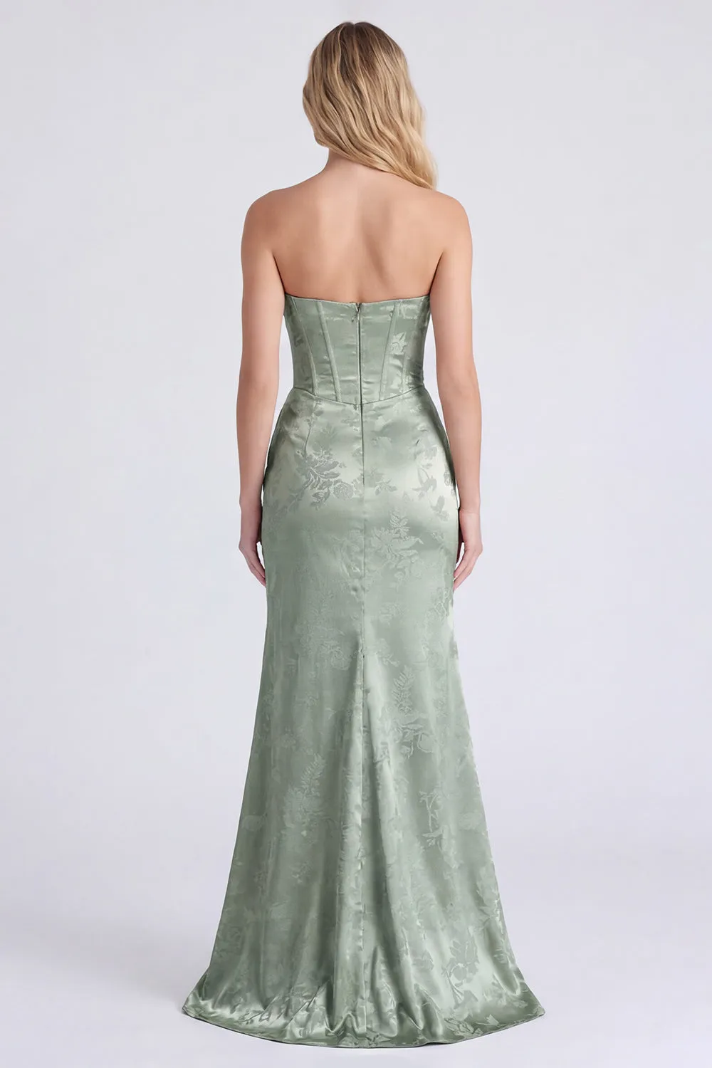Strapless Sage Floral Corset Mermaid Ruched Long Bridesmaid Dress with Slit sold by Zapaka product image thumbnail 2