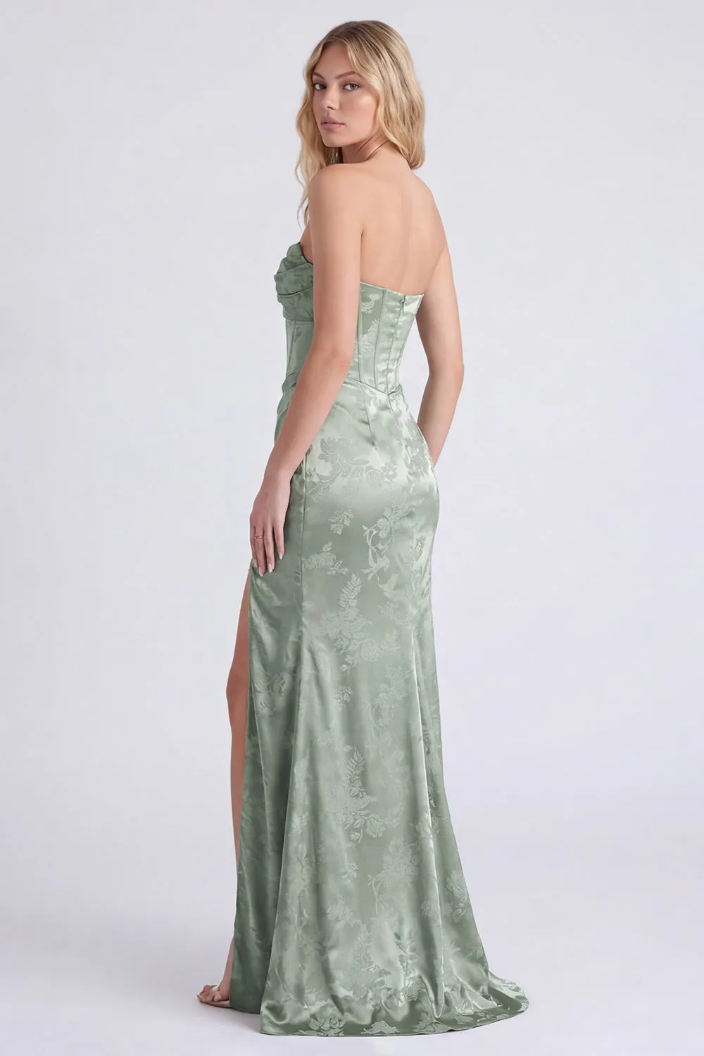Strapless Sage Floral Corset Mermaid Ruched Long Bridesmaid Dress with Slit sold by Zapaka product image thumbnail 3