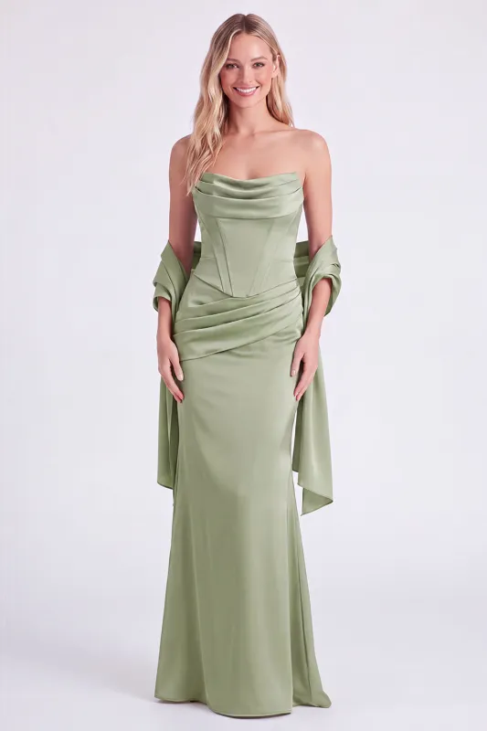 Mermaid Sage Strapless Corset Ruched Long Bridesmaid Dress with Lace Up Back made by Zapaka