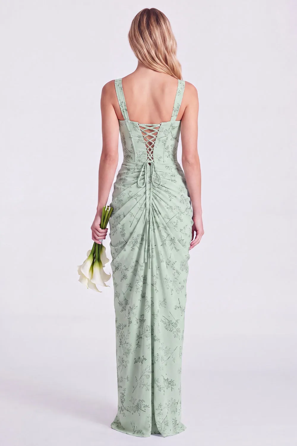 Mermaid Sage Square Neck Ruched Lace Up Back Long Bridesmaid Dress with Slit sold by Zapaka product image thumbnail 2