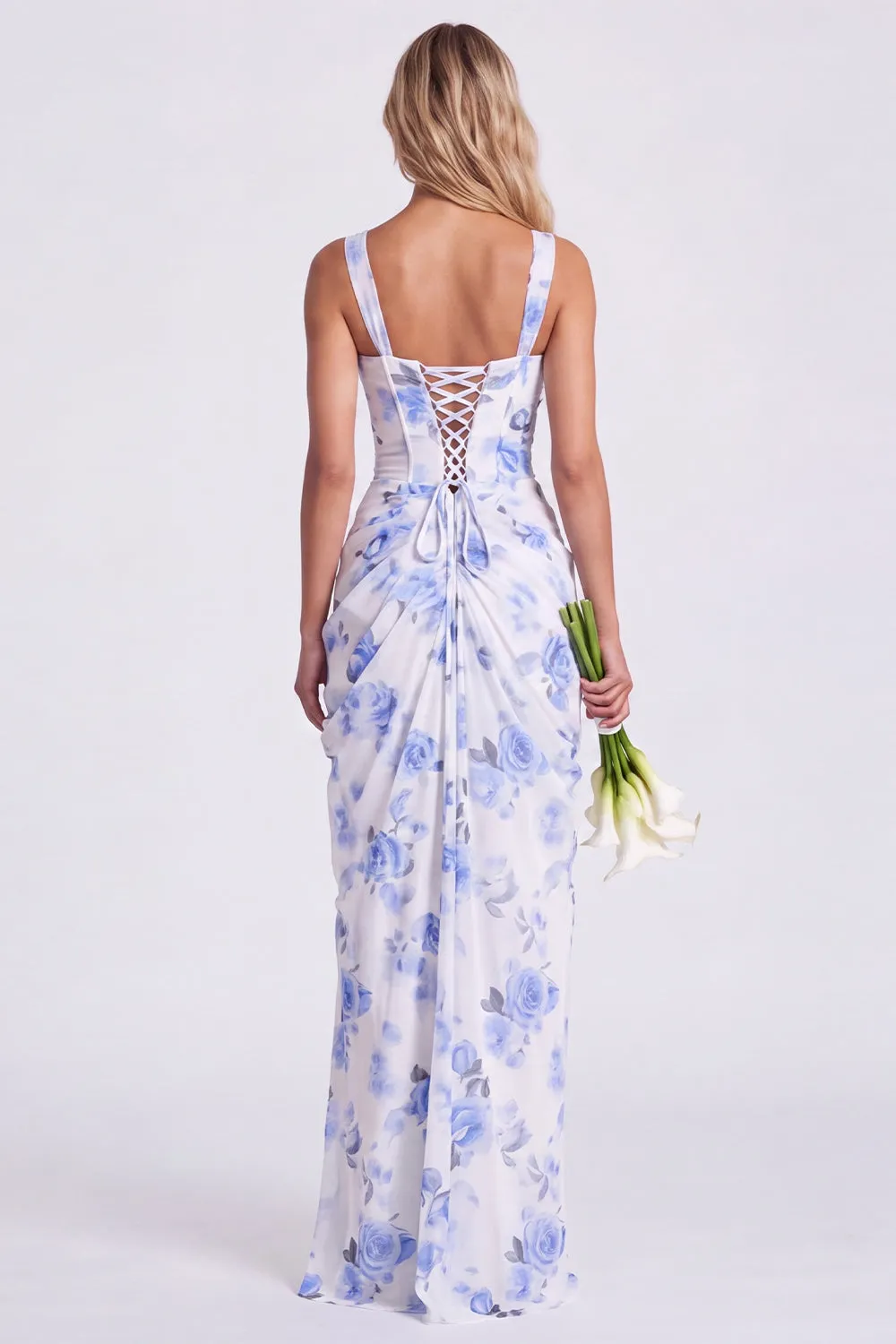 Mermaid Sage Square Neck Ruched Lace Up Back Long Bridesmaid Dress with Slit sold by Zapaka product image thumbnail 4