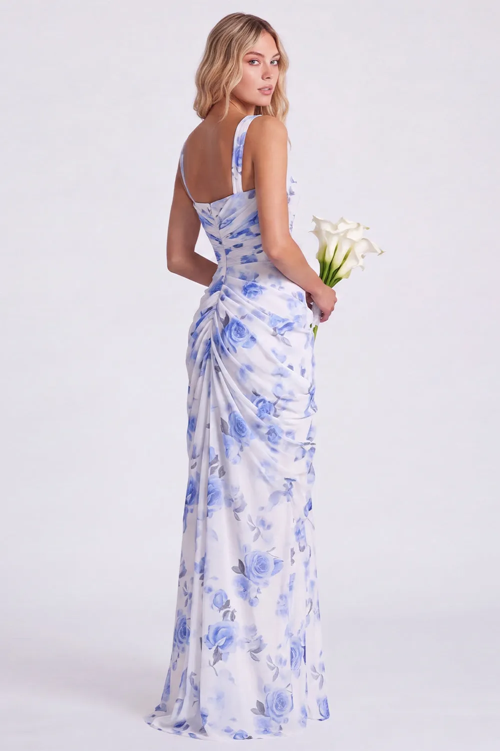 Mermaid Sage Square Neck Ruched Lace Up Back Long Bridesmaid Dress with Slit sold by Zapaka product image thumbnail 5