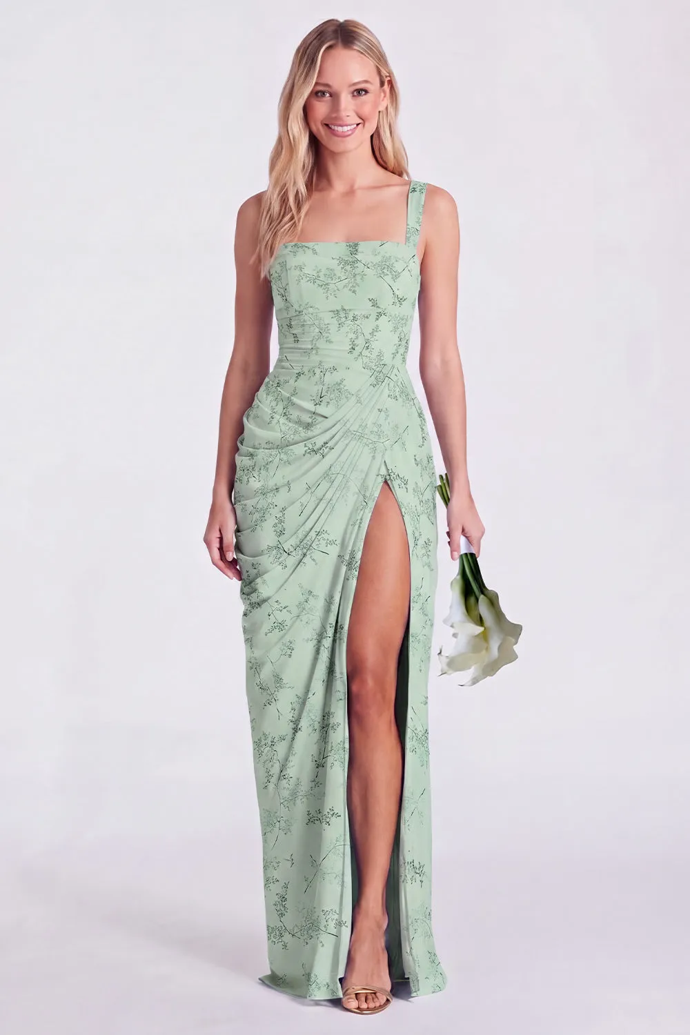Mermaid Sage Square Neck Ruched Lace Up Back Long Bridesmaid Dress with Slit sold by Zapaka