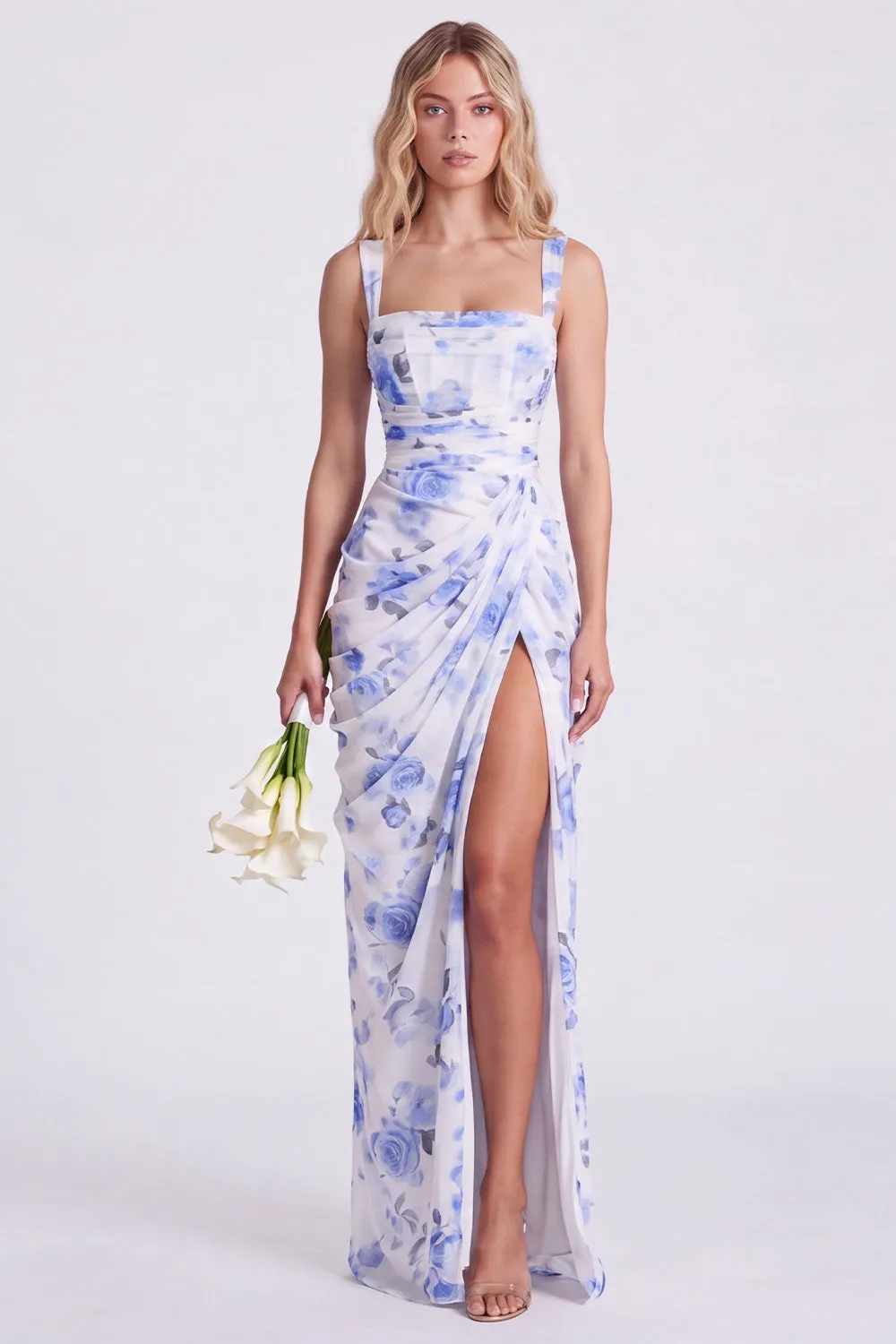 Mermaid Sage Square Neck Ruched Lace Up Back Long Bridesmaid Dress with Slit sold by Zapaka product image thumbnail 3