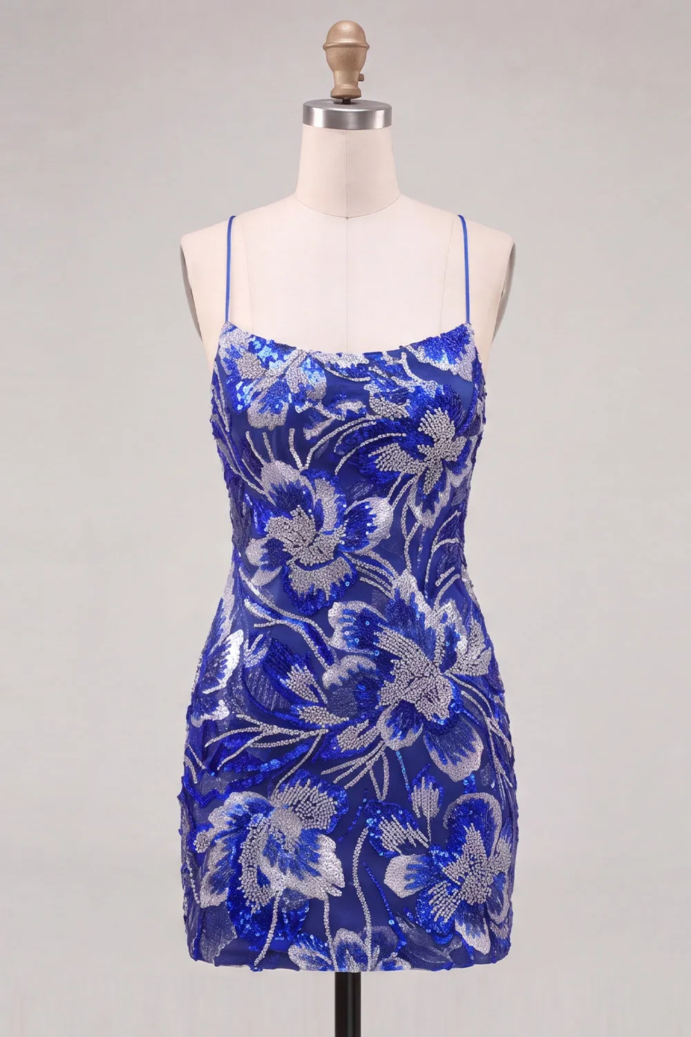 Blue Bodycon Spaghetti Straps Sequins Beaded Homecoming Dress with Lace Up Back sold by Zapaka product image thumbnail 5