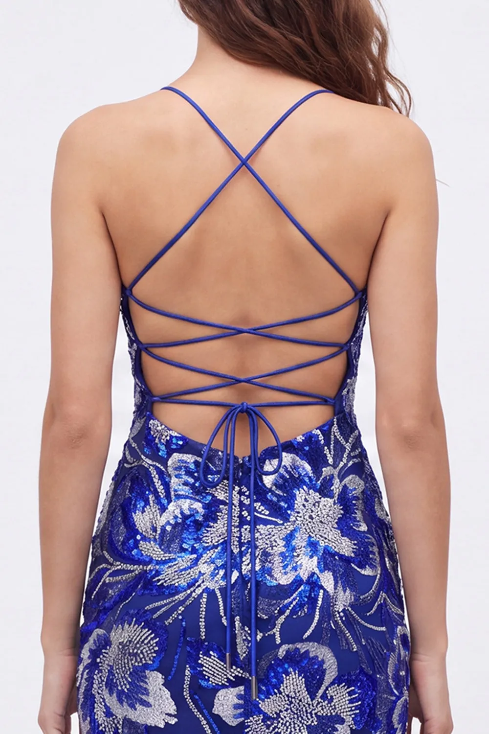 Blue Bodycon Spaghetti Straps Sequins Beaded Homecoming Dress with Lace Up Back sold by Zapaka product image thumbnail 4