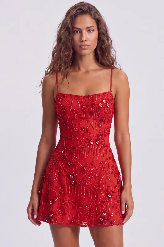 A-Line Red Sequins Lace Up Back Spaghetti Straps Short 80s Homecoming Dress made by Zapaka