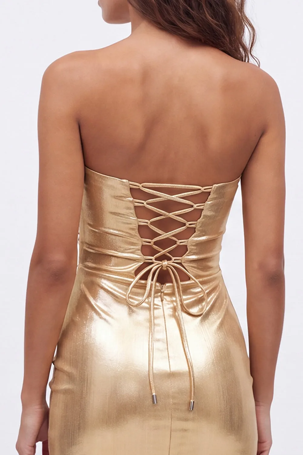 Gold Sweetheart Bodycon Keyhole Metallic Lace Up Back 80s Homecoming Dress sold by Zapaka product image thumbnail 4