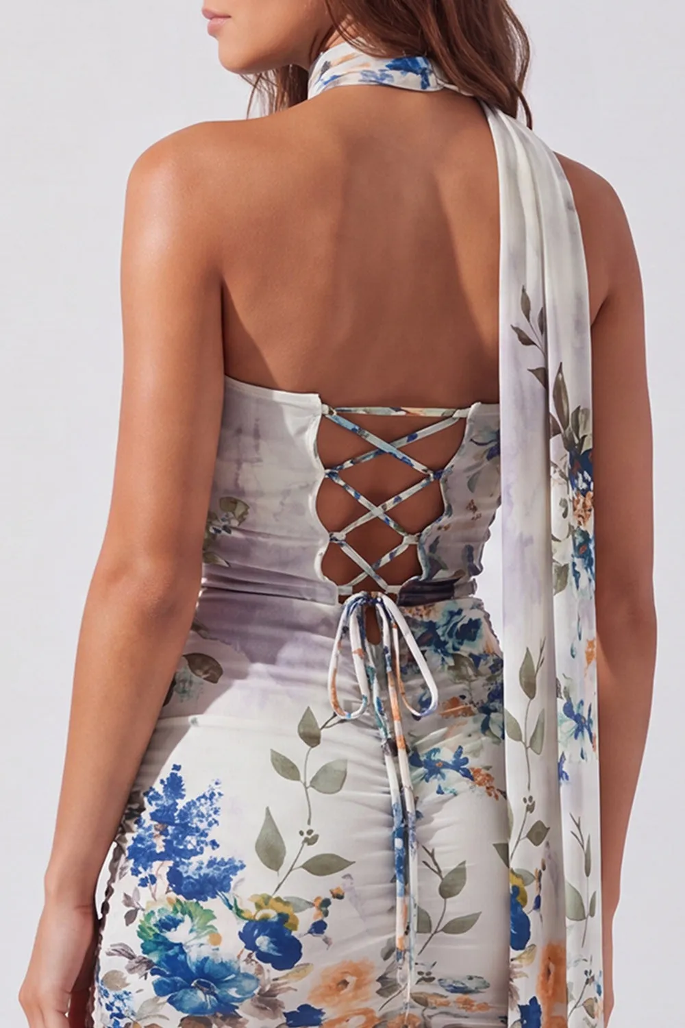 Strapless Ivory Floral Bodycon Short Homecoming Dress with Lace Up Back sold by Zapaka product image thumbnail 5