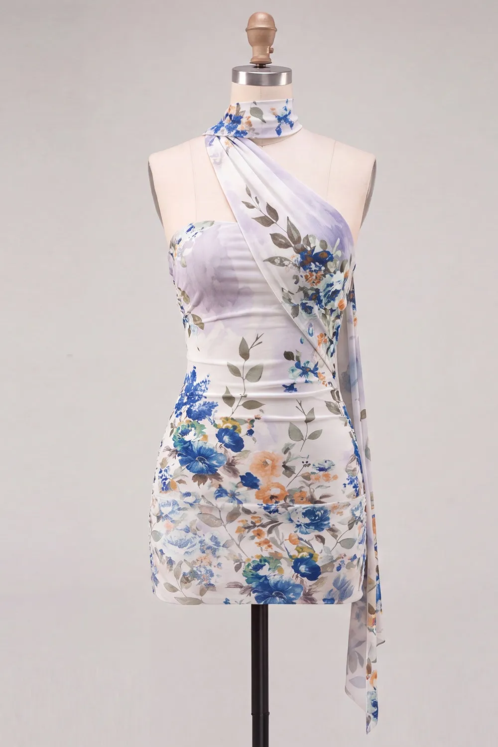 Strapless Ivory Floral Bodycon Short Homecoming Dress with Lace Up Back sold by Zapaka
