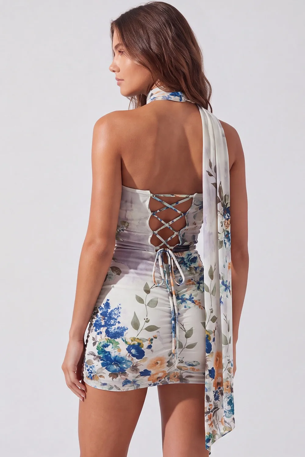 Strapless Ivory Floral Bodycon Short Homecoming Dress with Lace Up Back sold by Zapaka product image thumbnail 3