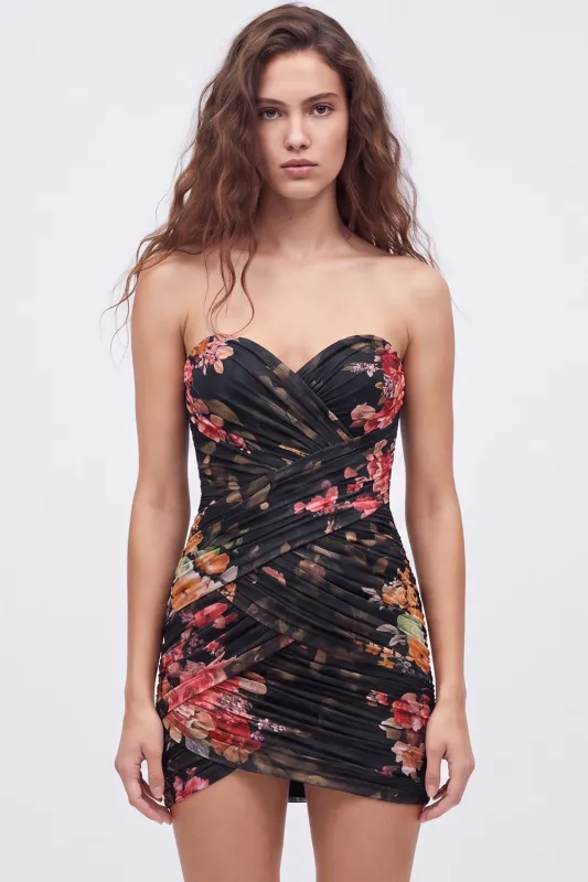 Black Sweetheart Ruched Floral Bodycon Short Homecoming Dress with Lace Up Back made by Zapaka