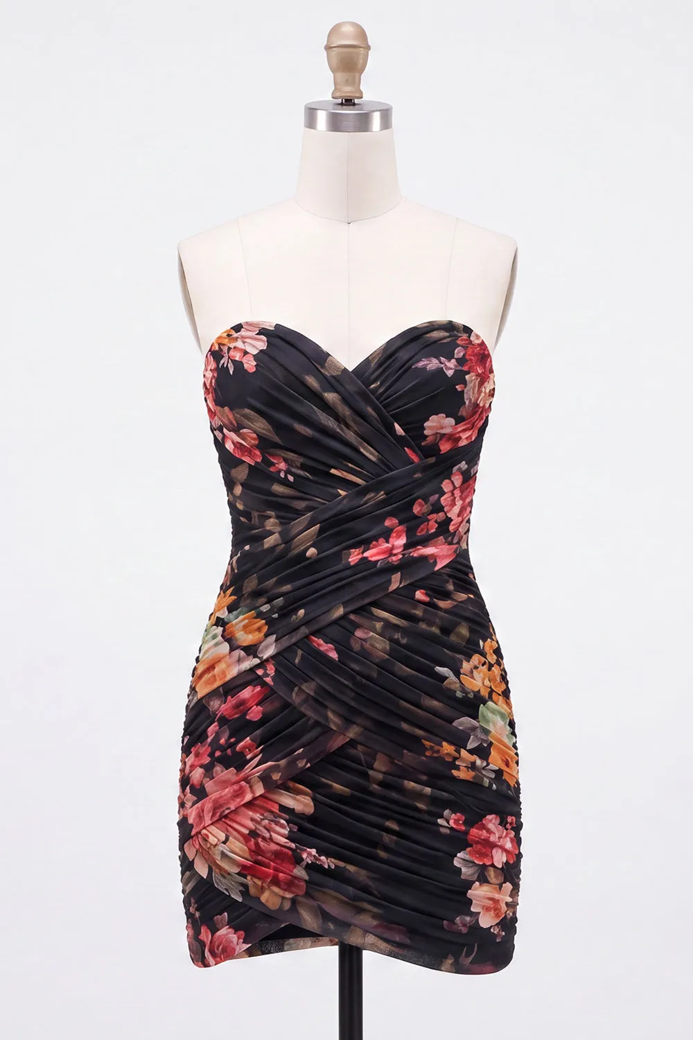 Black Sweetheart Ruched Floral Bodycon Short Homecoming Dress with Lace Up Back sold by Zapaka product image thumbnail 5