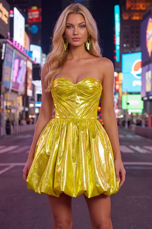 Metallic Yellow A-Line Sweetheart Corset Ruched 80s Homecoming Dress made by Zapaka