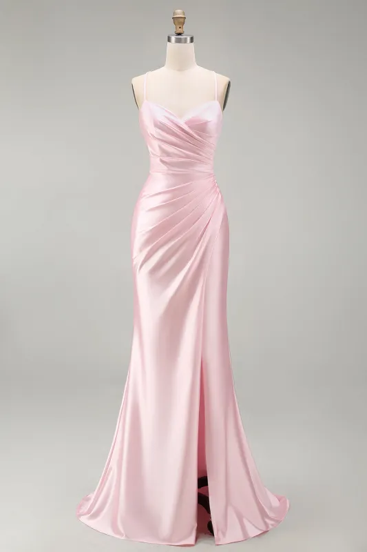 Satin Pink Mermaid Ruched Long Prom Dress with Slit made by Zapaka