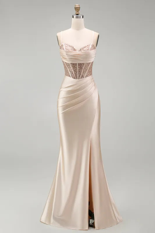 Champagne Mermaid Satin Corset Beaded Long Prom Dress with Slit made by Zapaka