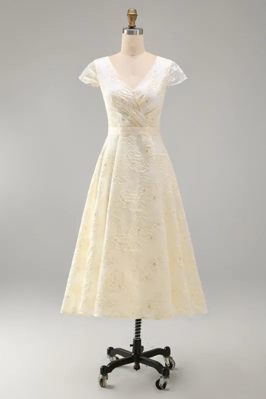 A-Line Champagne V-Neck Ruched Floral Midi Dress with Cap Sleeves made by Zapaka