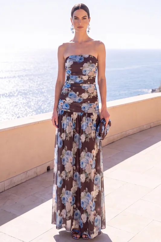 Strapless Coffee A-Line Ruched Chiffon Maxi Floral Dress made by Zapaka
