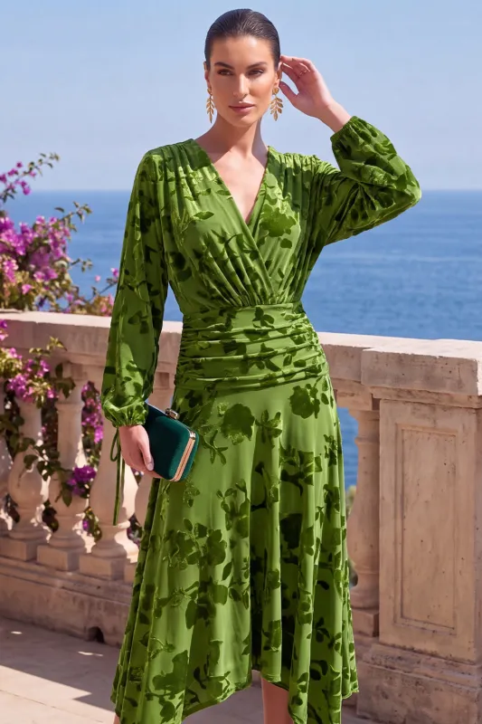 Green A-Line Velvet V-Neck Asymmetrical Ruched Midi Floral Dress with Long Sleeves made by Zapaka