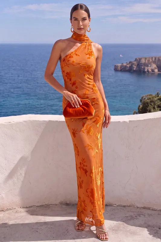 One Shoulder Mermaid Orange Maxi Floral Dress made by Zapaka