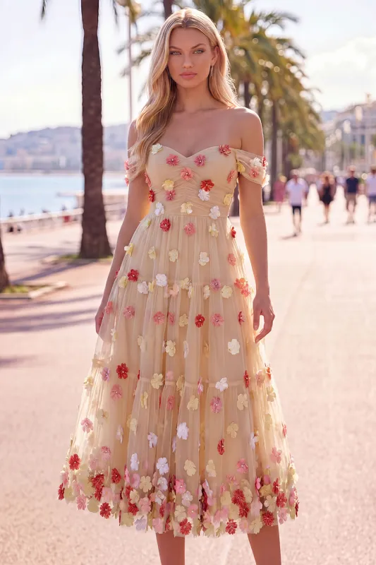 Off the Shoulder Red Flower A-Line Tulle Midi Dress with Appliques made by Zapaka
