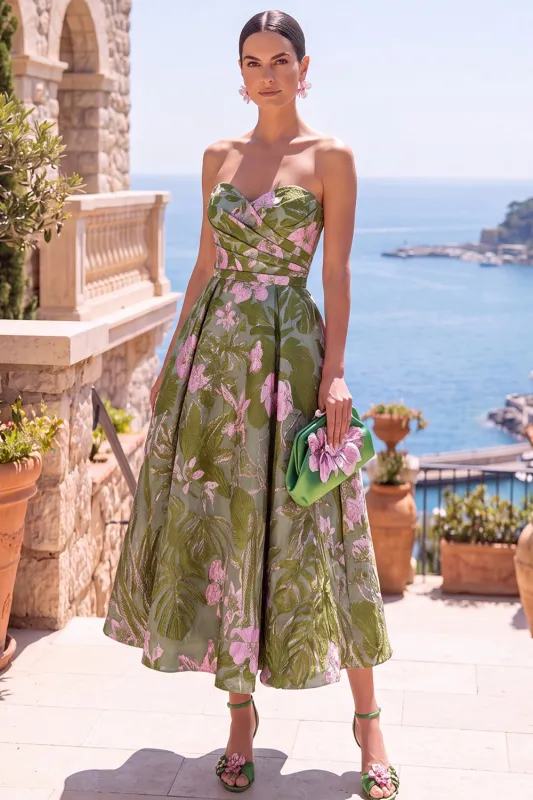 Olive Sweetheart A-Line Jacquard Ruched Floral Midi Dress made by Zapaka