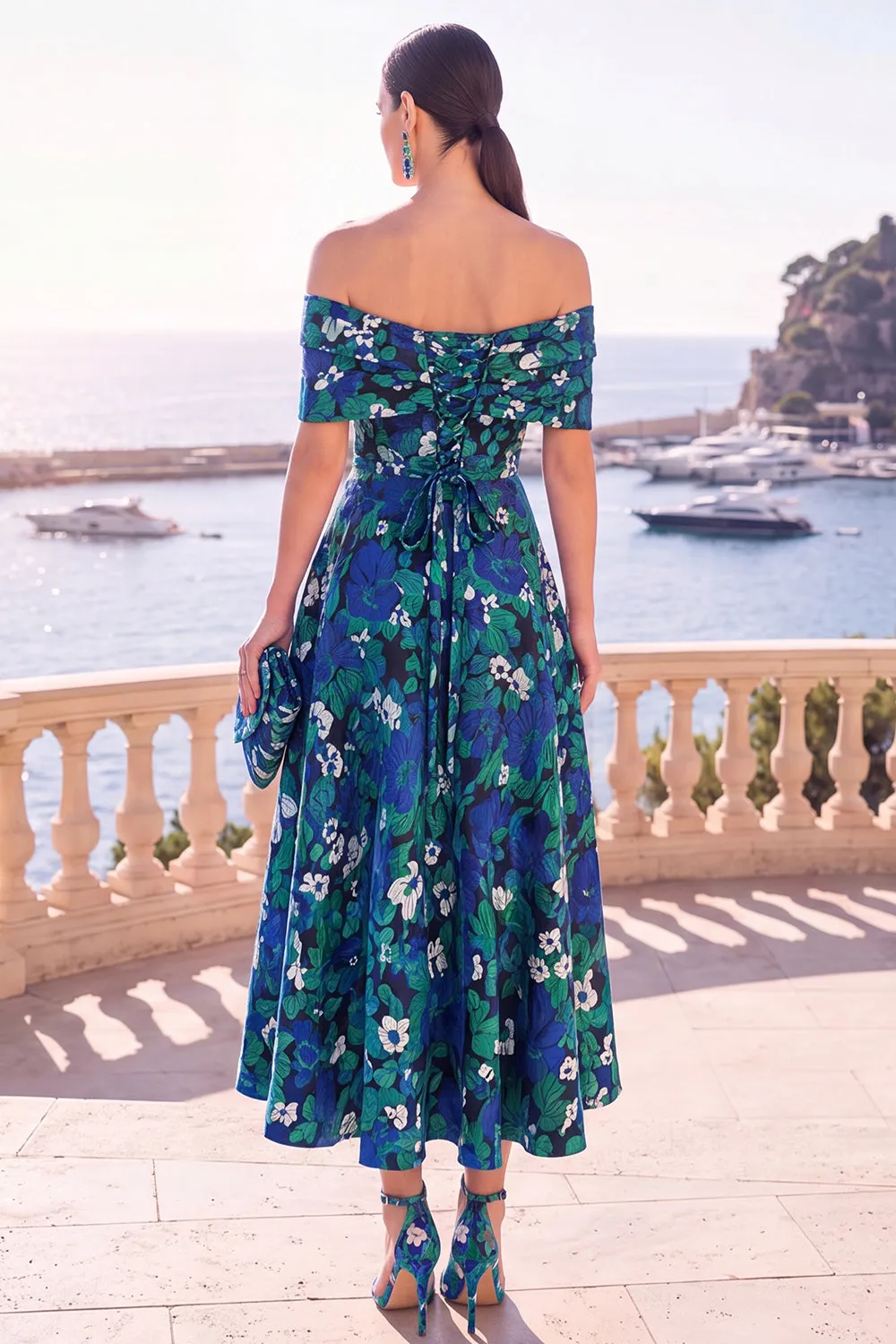 Navy Green Flower Off the Shoulder A-Line Midi Dress with Lace Up Back sold by Zapaka product image thumbnail 2