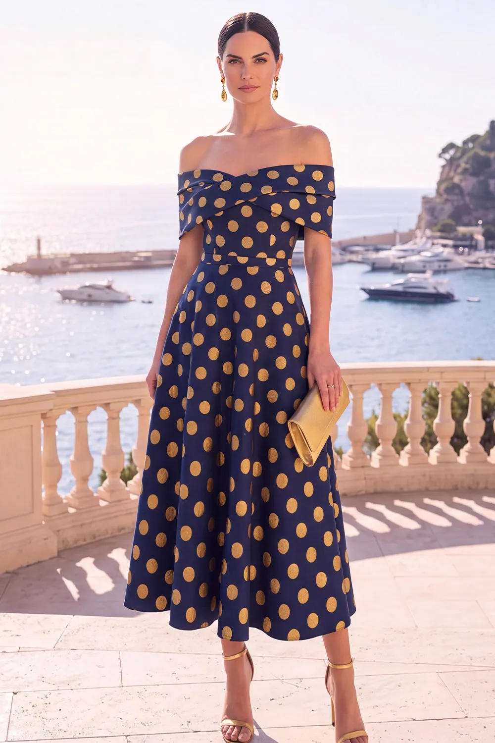 Navy Green Flower Off the Shoulder A-Line Midi Dress with Lace Up Back sold by Zapaka product image thumbnail 5