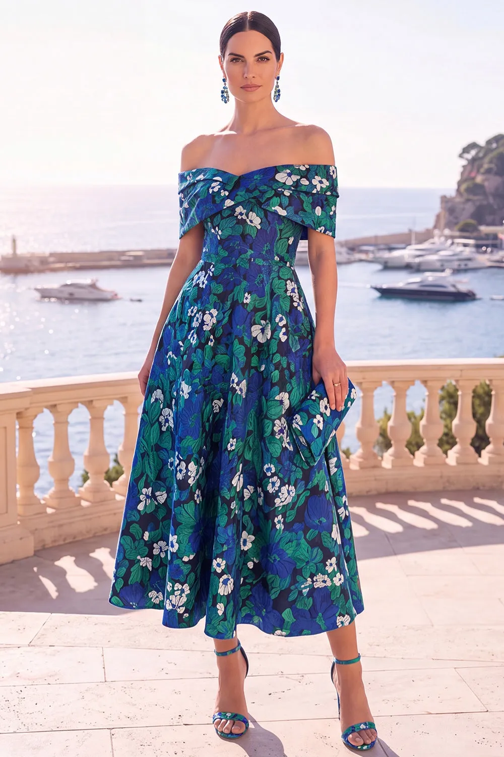 Navy Green Flower Off the Shoulder A-Line Midi Dress with Lace Up Back sold by Zapaka