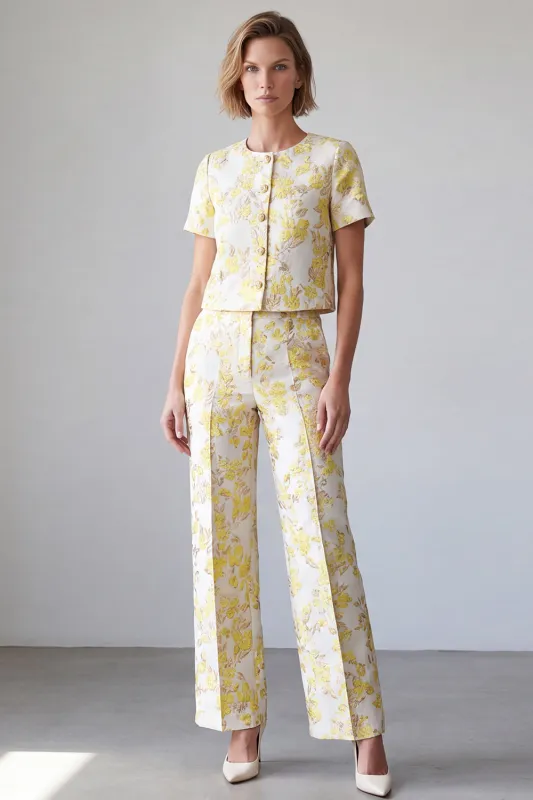 2 Piece Light Yellow Round Neck Single Breasted Floral Prom Suits made by Zapaka