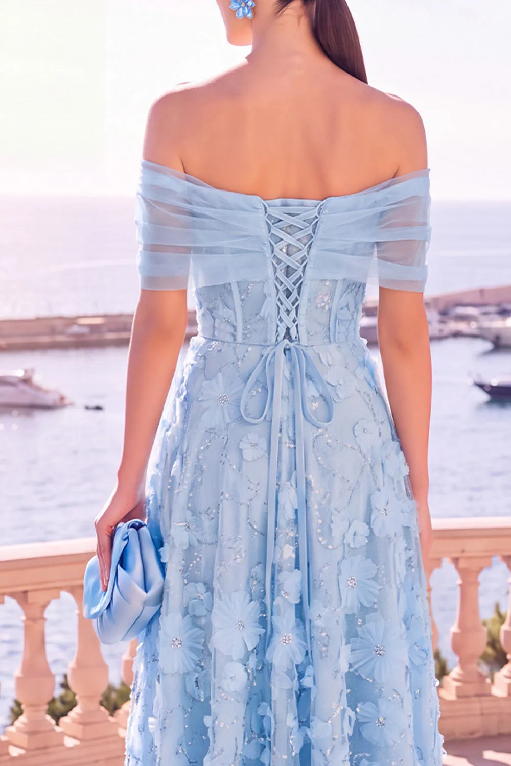 Off the Shoulder Blue A-Line Midi Floral Dress with Lace Up Back sold by Zapaka product image thumbnail 4
