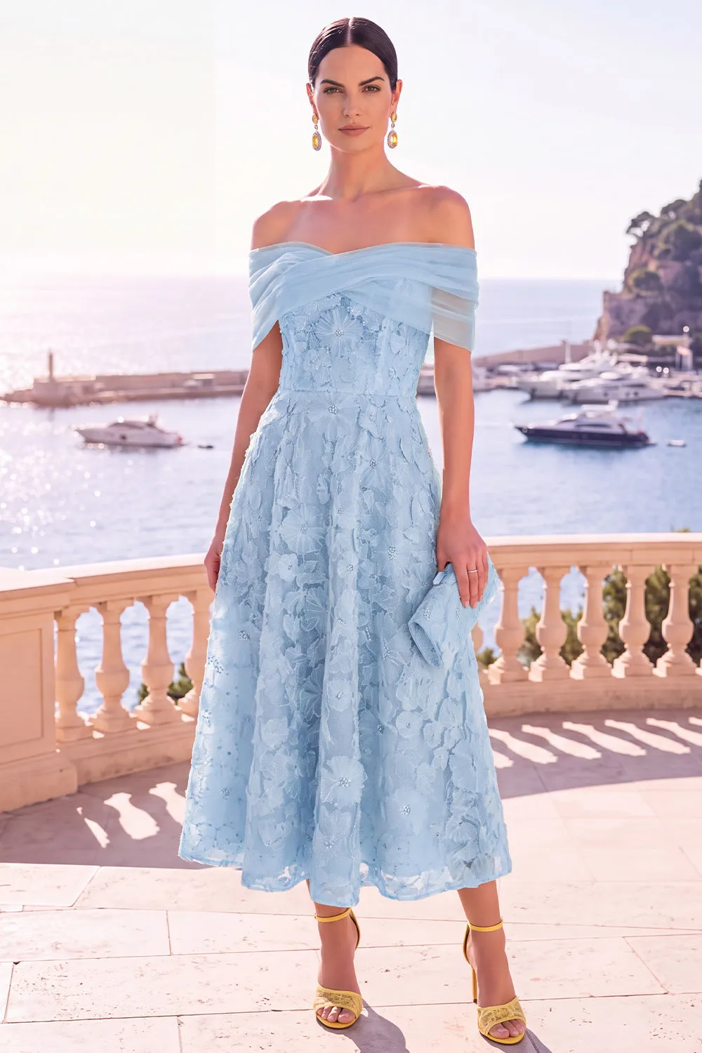 Off the Shoulder Blue A-Line Midi Floral Dress with Lace Up Back sold by Zapaka