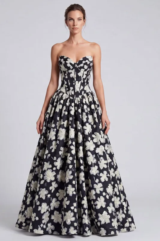 Black White Flower A-Line Sweetheart Corset Long Prom Dress with Lace Up Back made by Zapaka