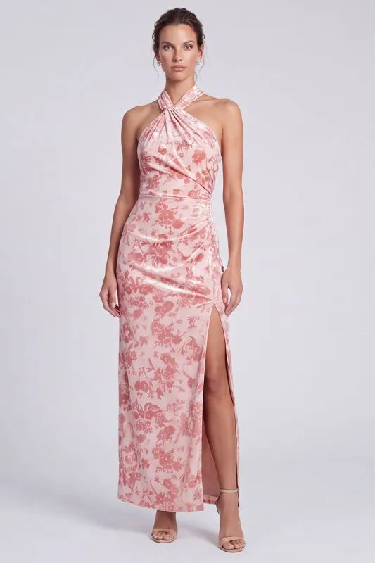 Pink Mermaid Velvet Halter Neck Maxi Floral Dress with Slit made by Zapaka