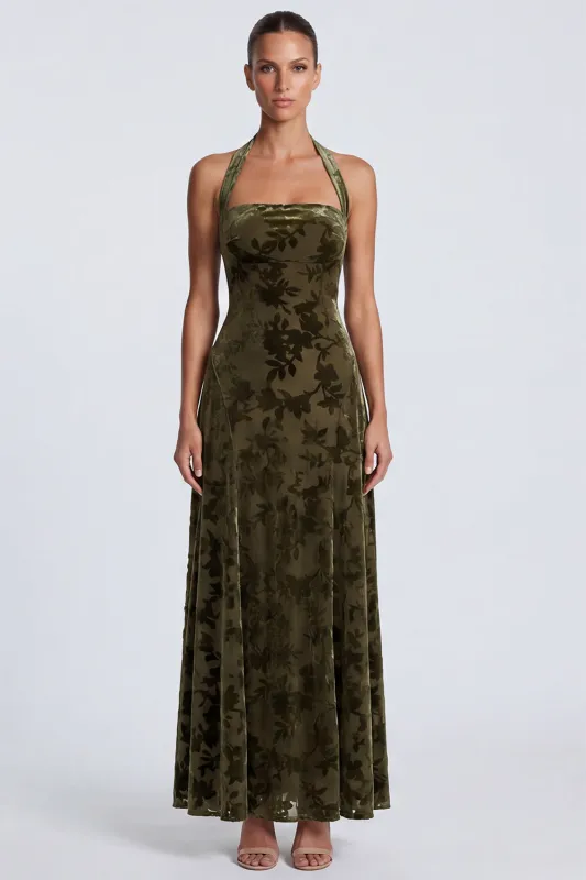 Halter Neck A-Line Olive Velvet Floral Long Formal Dress made by Zapaka