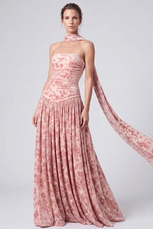 Pink Velvet A-Line Strapless Floral Ruched Long Formal Dress made by Zapaka