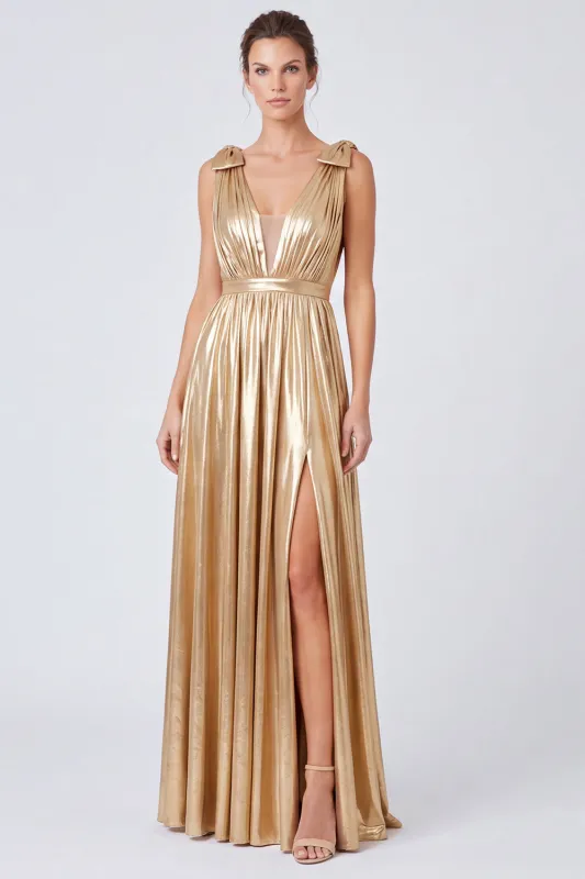 A-Line Metallic Gold V-Neck Long Formal Dress with Slit made by Zapaka
