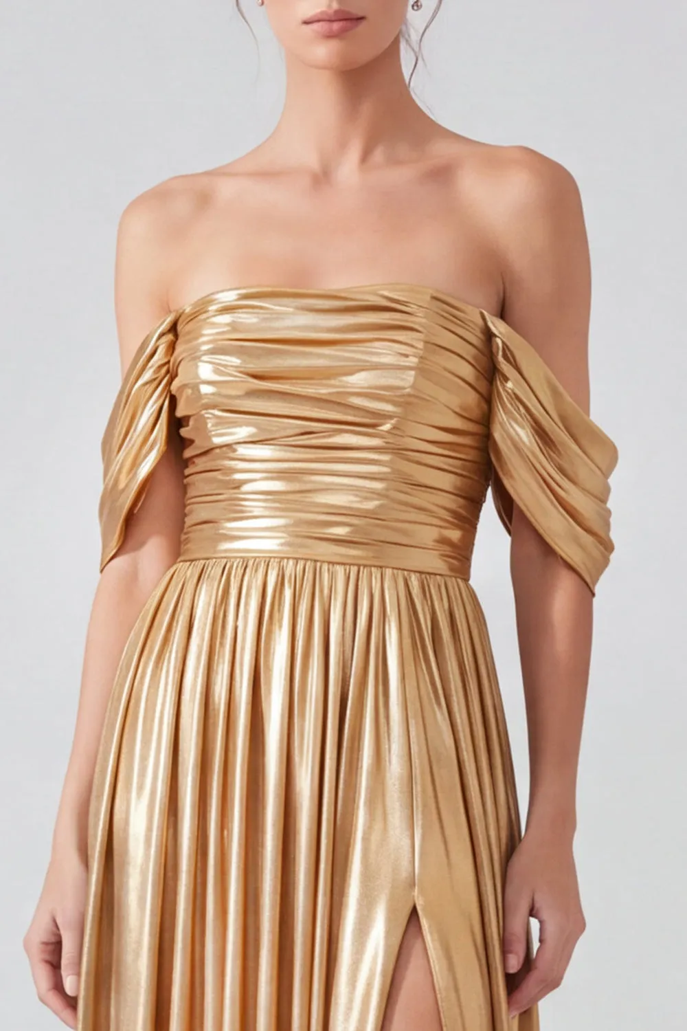 Off the Shoulder Gold Metallic Ruched A-Line Long Formal Dress with Slit sold by Zapaka product image thumbnail 3