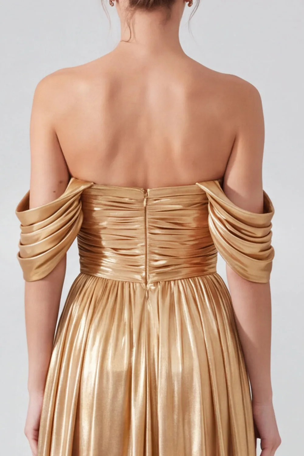 Off the Shoulder Gold Metallic Ruched A-Line Long Formal Dress with Slit sold by Zapaka product image thumbnail 4