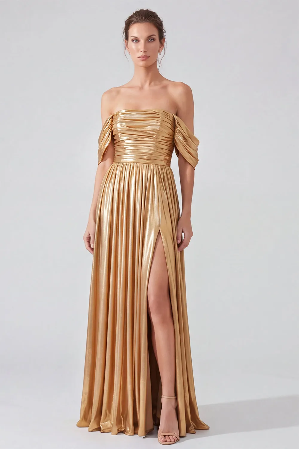 Off the Shoulder Gold Metallic Ruched A-Line Long Formal Dress with Slit sold by Zapaka