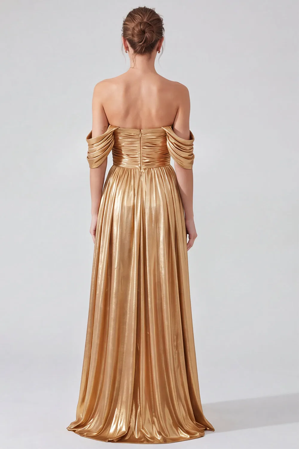 Off the Shoulder Gold Metallic Ruched A-Line Long Formal Dress with Slit sold by Zapaka product image thumbnail 2