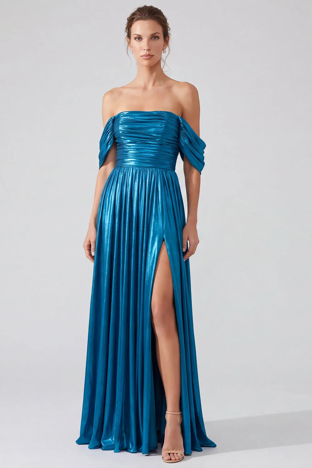 Off the Shoulder Gold Metallic Ruched A-Line Long Formal Dress with Slit sold by Zapaka product image thumbnail 5