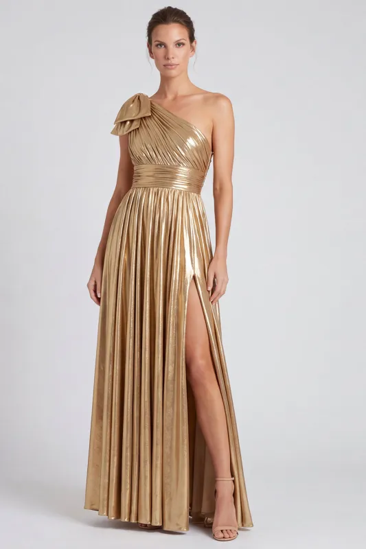 Gold Metallic One Shoulder A-Line Bow Long Formal Dress with Slit made by Zapaka