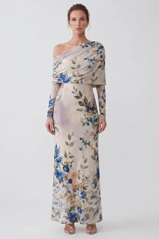 Ivory One Shoulder Floral Mermaid Long Formal Dress with Long Sleeves made by Zapaka