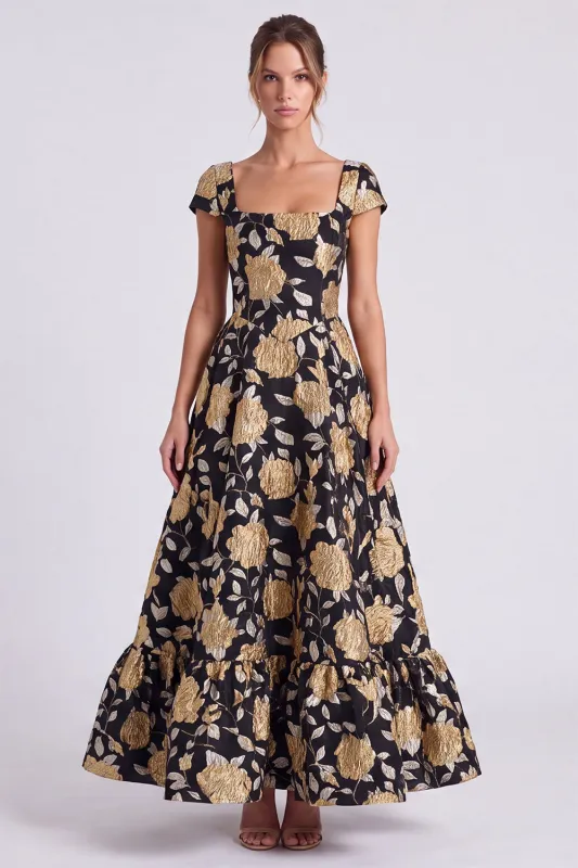 Black Gold Flower A-Line Square Neck Long Formal Dress with Cap Sleeves made by Zapaka