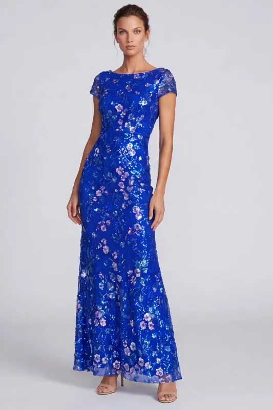 Royal Blue Sequins Mermaid Bateau Neck Floral Long Formal Dress made by Zapaka