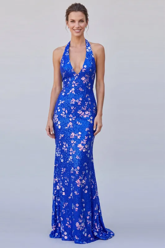 Halter Neck Royal Blue Mermaid Sequins Floral Long Formal Dress made by Zapaka